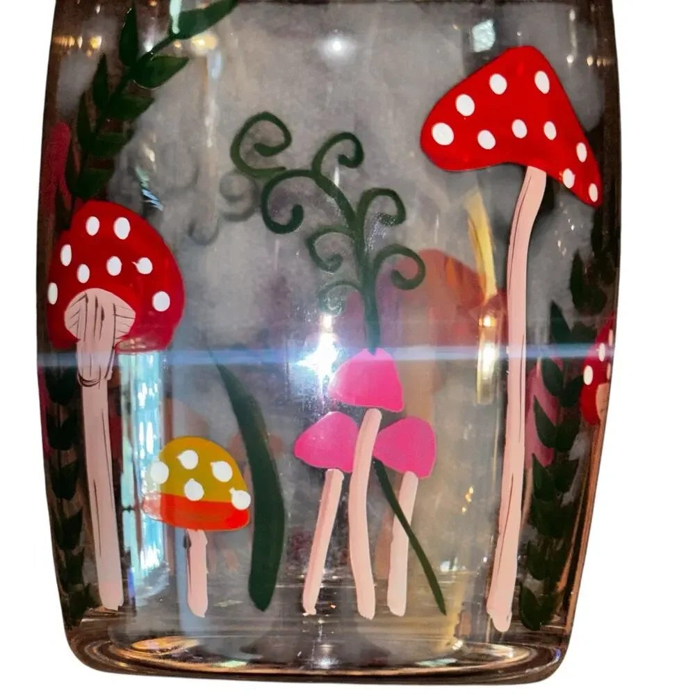 Polka Dot Mushroom Theme Glass Carafe & Matching Glass Hand-painted Boho Retro